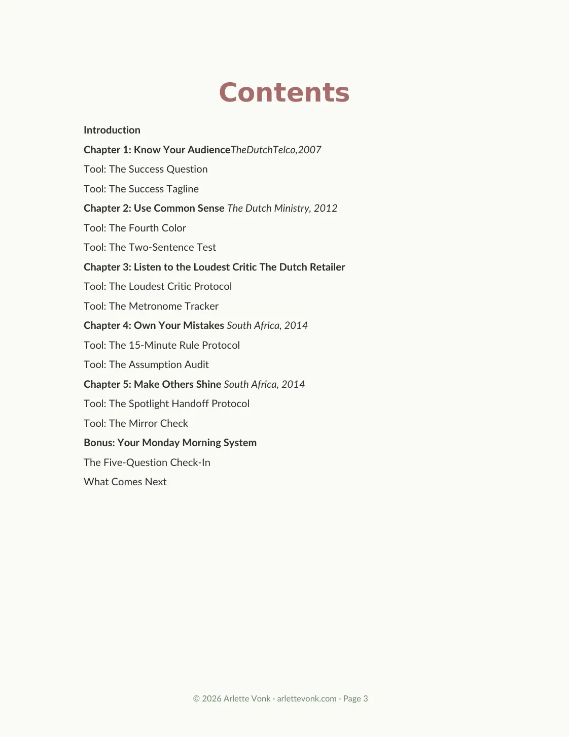 Contents: five chapters, ten tools, and the bonus Monday Morning System